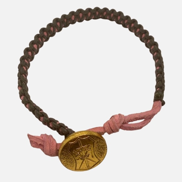 Handmade Macrame Bracelet Pink & Brown with Gold Military Button - Picture 2 of 8